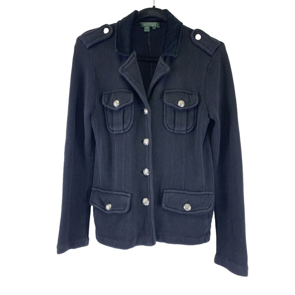 BOGO Lauren Ralph Lauren Military Sweater Jacket Button Velvet Collar Black Larg